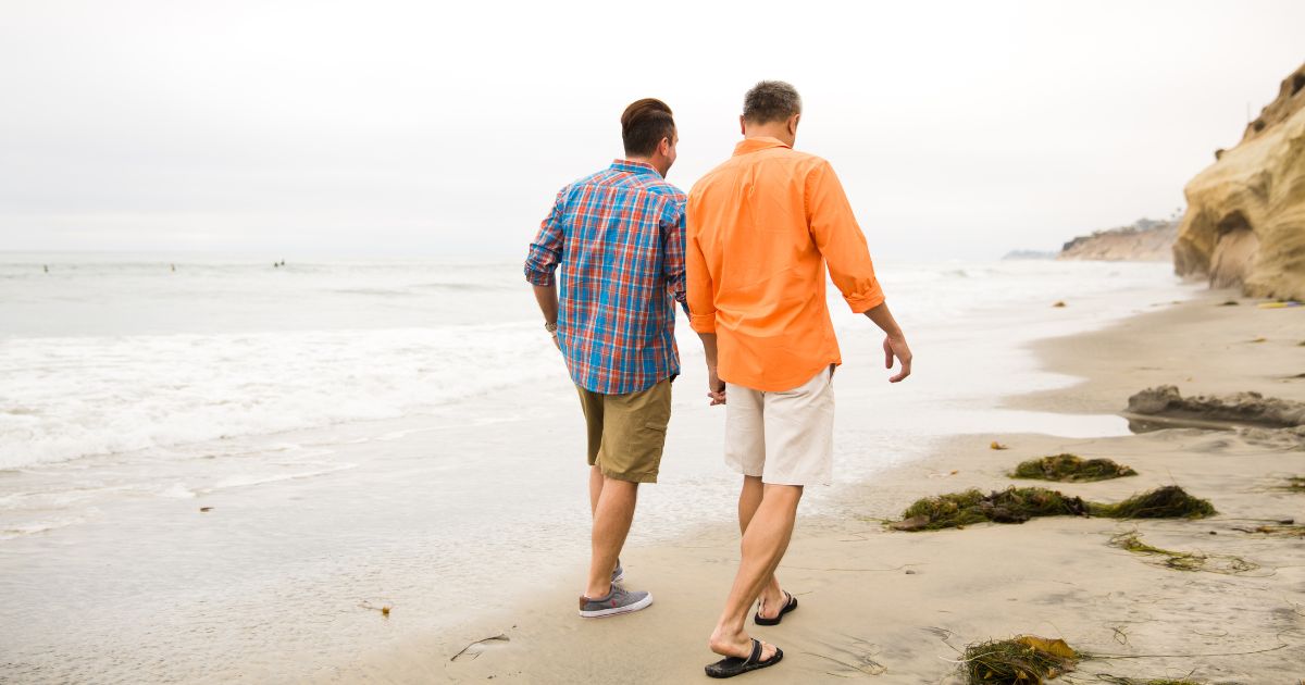 Same sex couple walking on beach
